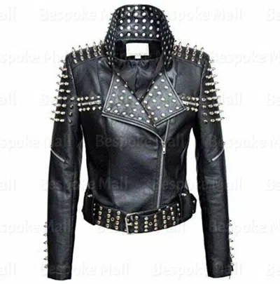 Pre-owned Handmade Woman's Black Punk Brando Silver Spiked Studded Genuine Leather Jacket-1097
