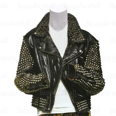 Pre-owned Handmade Woman Black Punk Full Silver Spiked Studded Cowhide Biker Leather Jacket-390