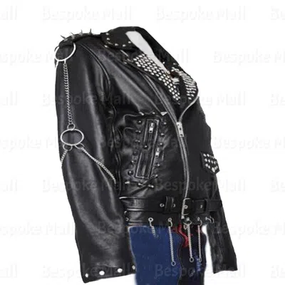 Pre-owned Handmade Woman Black Punk Long Spiked Studded Chains Cowhide Biker Leather Jacket-17