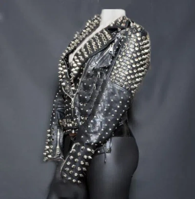 Pre-owned Handmade Woman's Black Punk Spiked Studded Brando Cowhide Biker Leather Jacket-185