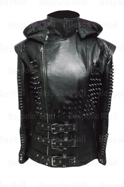 Pre-owned Handmade Woman's Black Punk Tonal Spiked Hoodie Triple Belted Real Leather Jacket-563
