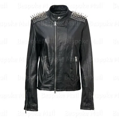 Pre-owned Handmade Woman's Black Silver Long Spiked Studded Cowhide Biker Leather Jacket-720
