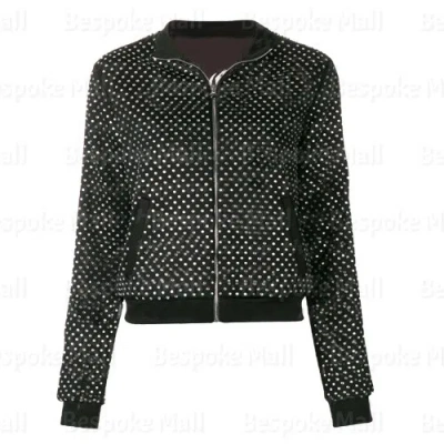Pre-owned Handmade Woman's Black Silver Metallic Studded Punk Ribbon Leather Coat Jacket-552