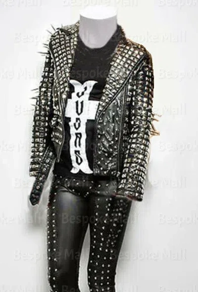 Pre-owned Handmade Woman Black Silver Rock Spiked Studded Punk Cowhide Biker Leather Jacket-384