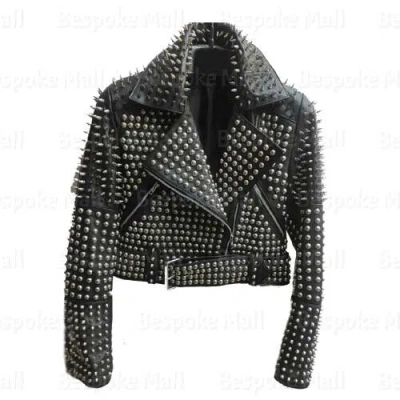 Pre-owned Handmade Woman Black Silver Spiked Punked Brando Style Cowhide Leather Jacket-113