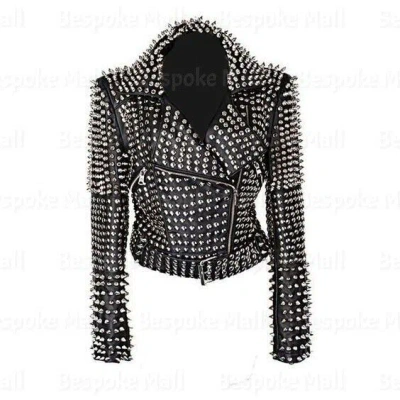 Pre-owned Handmade Woman Black Silver Spiked Studded Brando Classic Biker Leather Jacket-18