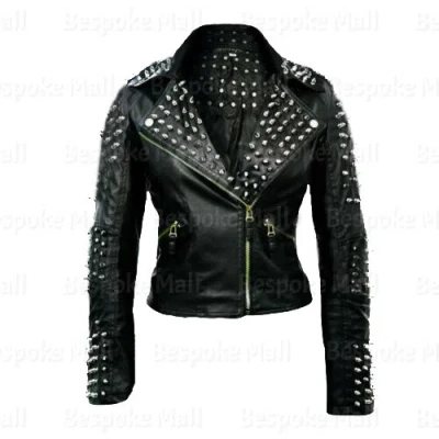 Pre-owned Handmade Woman's Black Silver Spiked Studded Brando Cowhide Biker Leather Jacket-832