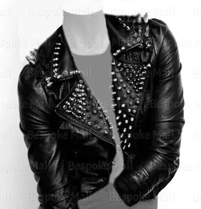 Pre-owned Handmade Woman's Black Silver Spiked Studded Punk Cowhide Biker Leather Jacket-394