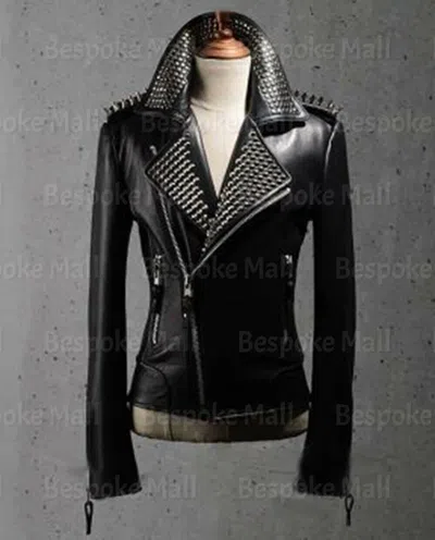 Pre-owned Handmade Woman's Black Silver Spiked Studded Unique Cowhide Biker Leather Jacket-768