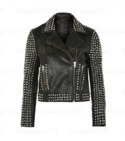 Pre-owned Handmade Woman's Black Silver Studded Brando Distress Motorbike Leather Jacket-1041