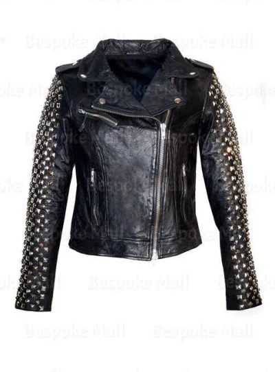 Pre-owned Handmade Woman Black Silver Studded On Sleeves Punk Brando Style Leather Jacket-138
