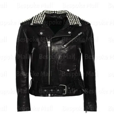 Pre-owned Handmade Woman's Black Silver Studded Punk Unique Cowhide Biker Leather Jacket-380