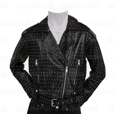 Pre-owned Handmade Woman's Black Silver Studded Punk Unique Cowhide Biker Leather Jacket-405