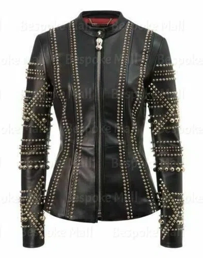 Pre-owned Handmade Woman's Black Silver Studded Punk Unique Cowhide Biker Leather Jacket-409