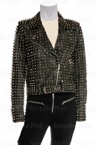 Pre-owned Handmade Woman's Black Silver Studded Punk Unique Cowhide Biker Leather Jacket-414