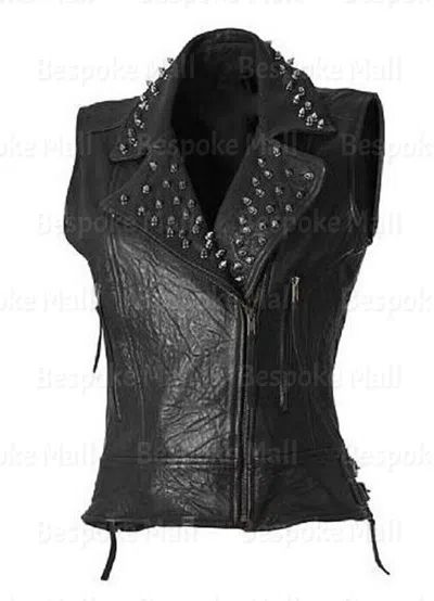 Pre-owned Handmade Woman's Black Silver Studded Punk Unique Cowhide Biker Leather Jacket-730