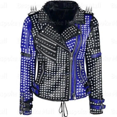 Pre-owned Handmade Woman's Black Silver Studded Style Cowhide Motorbike Leather Jacket-1028