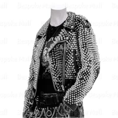 Pre-owned Handmade Woman Black Silver Studded Top Quality Punk Unique Biker Leather Jacket-398