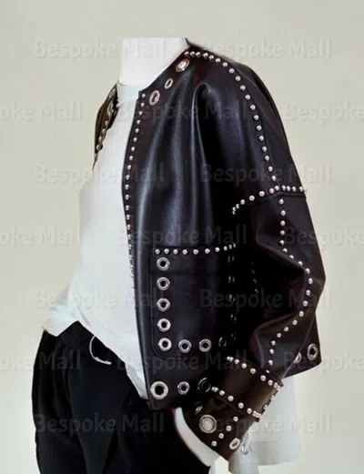Pre-owned Handmade Woman's Black Silver Studded Unique Eyelet Cowhide Biker Leather Jacket-837