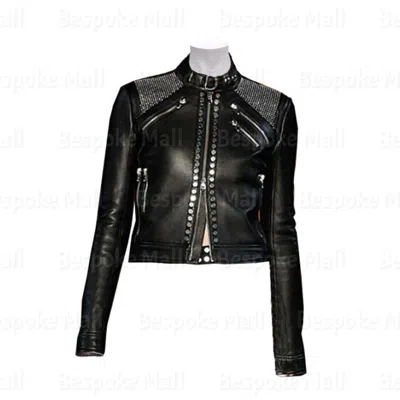 Pre-owned Handmade Woman's Black Silver Studded Zipper Punk Cowhide Biker Leather Jacket-413