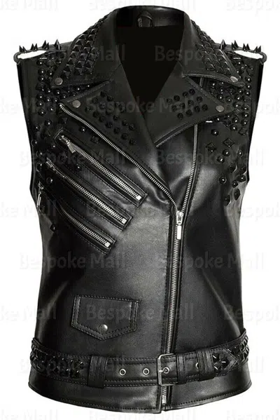 Pre-owned Handmade Woman's Black Spiked Studded Top Quality Cowhide Biker Leather Jacket-728