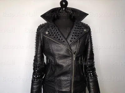 Pre-owned Handmade Woman Black Studded Brando Zippered Soft Cowhide Leather Jacket-67