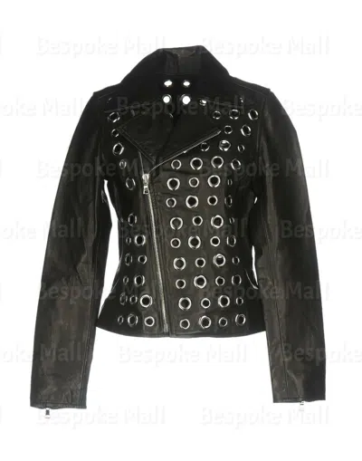 Pre-owned Handmade Woman's Black Unique Eyelet Designed Brando Cowhide Biker Leather Jacket-708