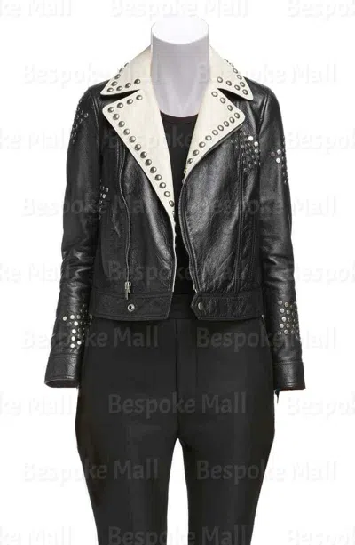 Pre-owned Handmade Woman's Black White Silver Star Studded Stylish Biker Leather Jacket-141