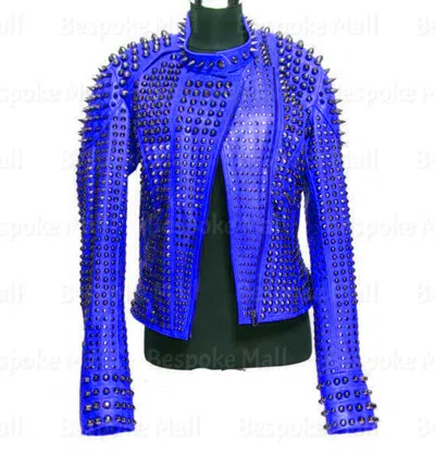 Pre-owned Handmade Woman's Blue Silver Spiked Studded Punk Cowhide Biker Leather Jacket-716