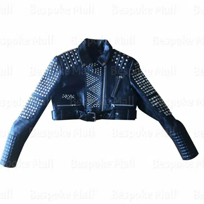 Pre-owned Handmade Woman's Blue Silver Studded Punk Unique Cowhide Biker Leather Jacket-746