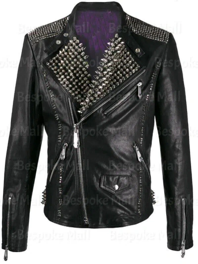 Pre-owned Handmade Woman's Brando Style Black Silver Studded Cowhide Biker Leather Jacket-241