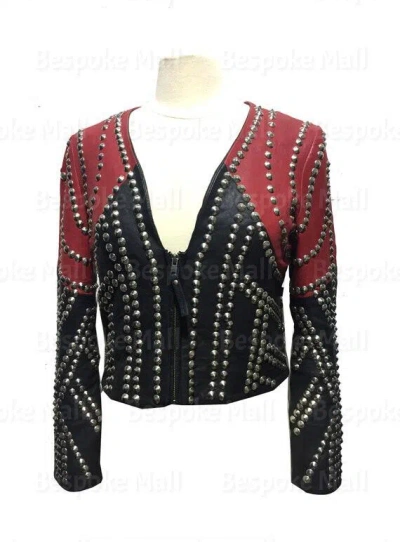 Pre-owned Handmade Woman's Brando Style Silver Studded Genuine Cowhide Leather Jacket-1044