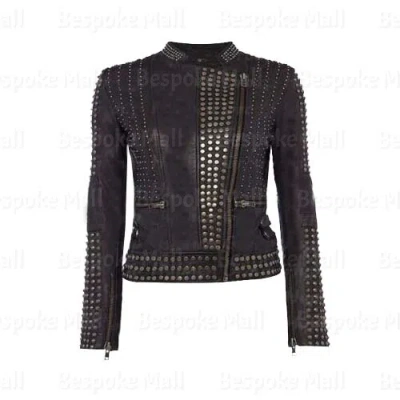 Pre-owned Handmade Woman's Brown Silver Metallic Studded Brando Style Biker Leather Jacket-998