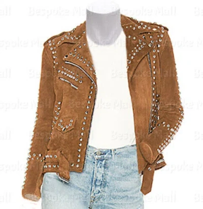 Pre-owned Handmade Woman Brown Silver Studded Punk Unique Native Suede Biker Leather Jacket-387