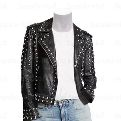 Pre-owned Handmade Woman Classic Black Brando Style Silver Studded Cowhide Leather Jacket-145