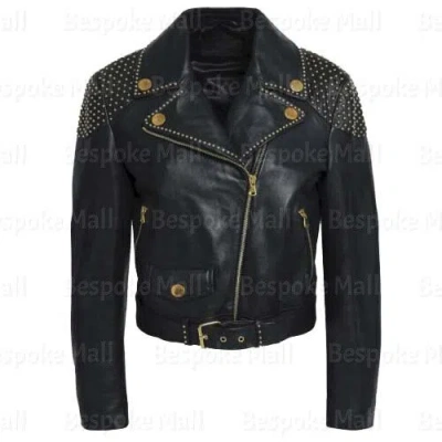 Pre-owned Handmade Woman's Classic Brando Style Golden Studded Biker Vintage Leather Jacket-960 In Black