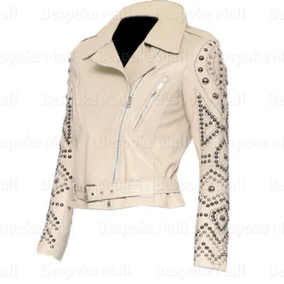 Pre-owned Handmade Woman Cream Silver Studded Sleeves Cowhide Biker Leather Jacket-865 In White