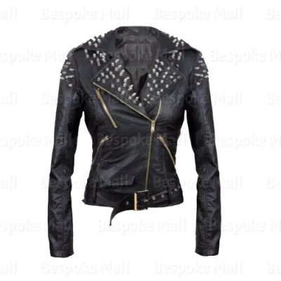 Pre-owned Handmade Woman's Customized Brando Silver Studded Cowhide Biker Leather Jacket-951