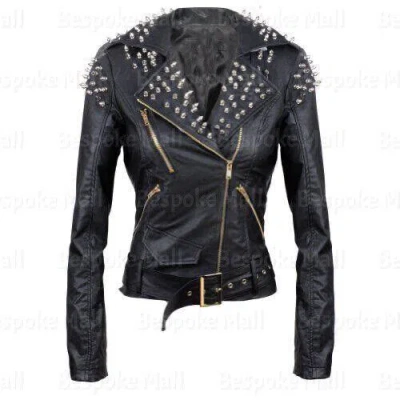 Pre-owned Handmade Woman Full Black Front Silver Studded Punk Unique Cowhide Leather Jacket-255