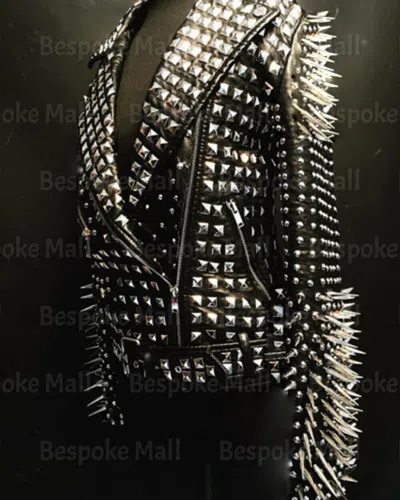 Pre-owned Handmade Woman's Full Black Punk Silver Long Spiked Studded Leather Brando Jacket-826
