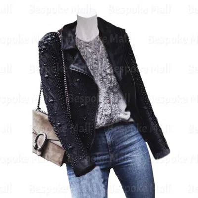 Pre-owned Handmade Woman's Full Black Tonal Studded Real Cowhide Leather Jacket-444