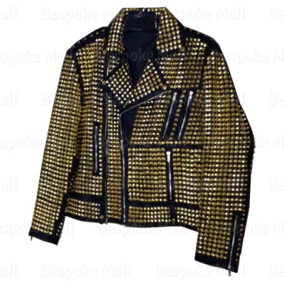Pre-owned Handmade Woman Full Gold Punk Studded Brando Style Black Bike Leather Jacket-119