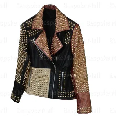 Pre-owned Handmade Woman Full Gold Studded Brando Style Black Golden Biker Leather Jacket-122