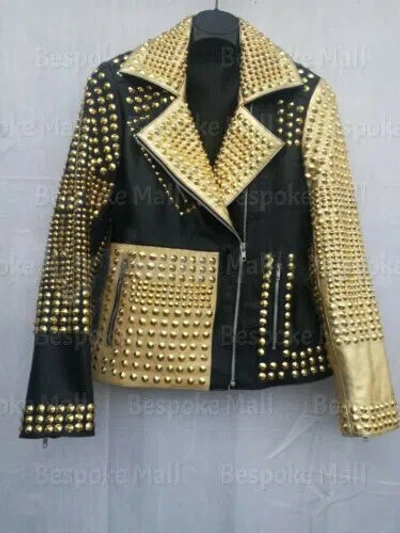Pre-owned Handmade Woman Full Gold Studded Brando Style Black Golden Genuine Leather Jacket-869