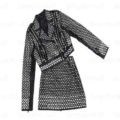Pre-owned Handmade Woman Full Silver Metallic Tonal Studded Punk Leather Jacket With Skirt-862