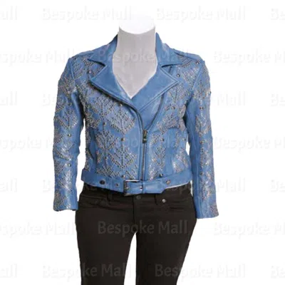 Pre-owned Handmade Woman Full Silver Studded Designed Punk Biker Leather Jacket-30