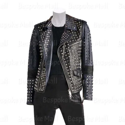 Pre-owned Handmade Woman Full Silver Studded Punk Unique Black Cowhide Leather Jacket-148