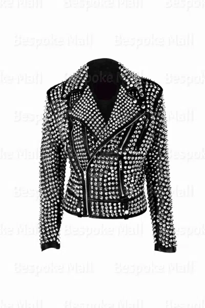 Pre-owned Handmade Woman's Full Silver Studded Unique Punk Genuine Cowhide Leather Jacket-782
