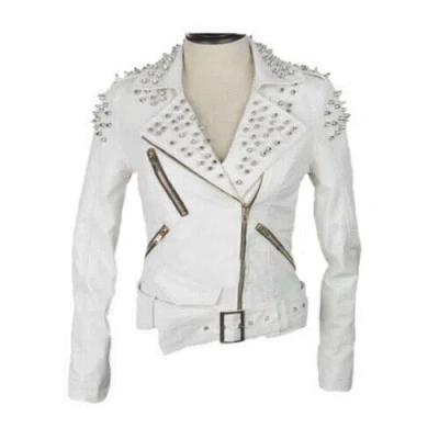 Pre-owned Handmade Woman Full White Brando Punk Silver Studded Spiked Leather Jacket Belted-912
