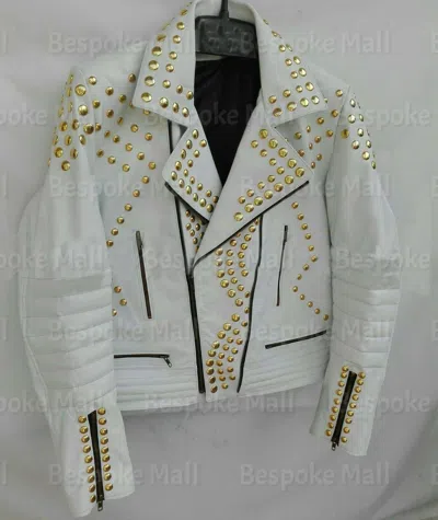 Pre-owned Handmade Woman Full White Pretty Golden Studded Brando Style Punk Leather Jacket-115
